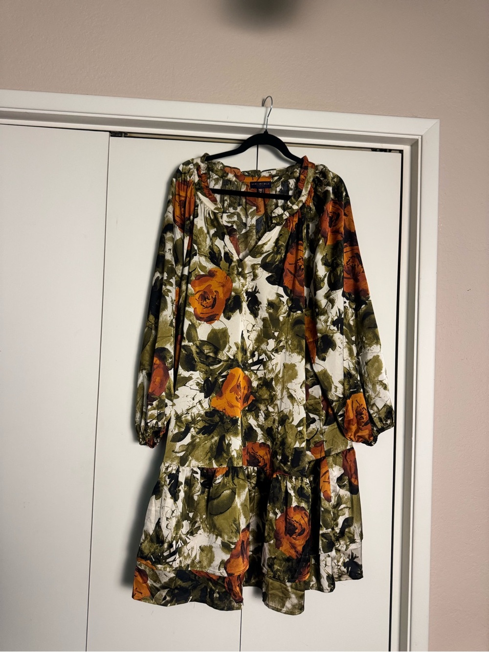 Skies Are Blue Olive Green & Rust Floral Long-Sleeve Knee Length Tiered Dress